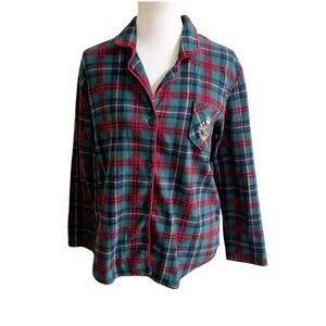 Lauren Ralph Lauren Women’s Monogram Plaid Flannel Pajama Top Button Front Med